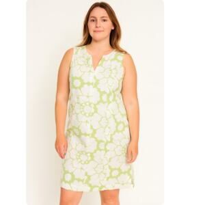 Boden SZ 18L 100% Linen Green White Floral V-Neck Sleeveless Shift Dress Pockets